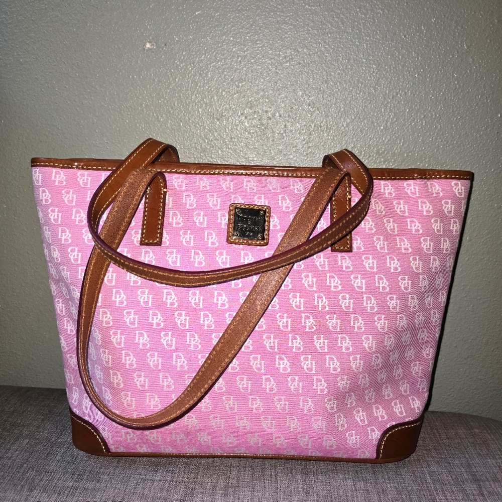 Dooney & Bourke Pink Logo Canvas Tote with Brown Leather Trim and Gold Plaque